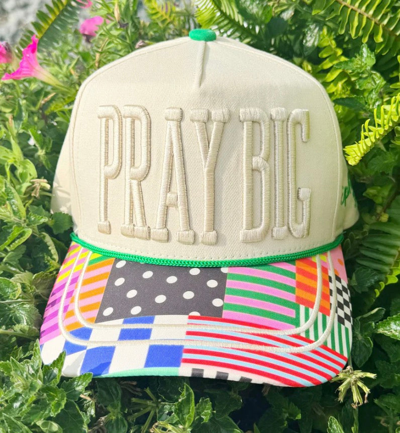 Pray Big Christian snapback hat with 3D puff embroidery and colorful patterned brim, faith-based boutique baseball cap.